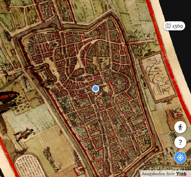 Schermafbeelding met kaart van Utrecht van Frans Hogenberg en een blauwe stip met locatie gebruiker