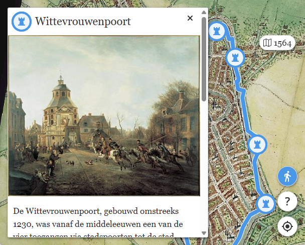 Schermafbeelding met bijkaart van Utrecht van Jacob van Deventer, met route langs de singel en een dialoogvenster met informatie over Sonnenborgh